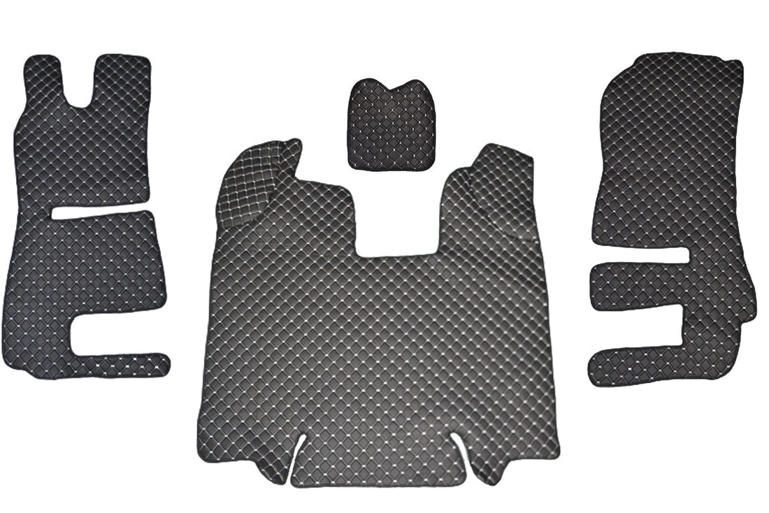 Черни подови стелки от изкуствена кожа (еко кожа) – подходящи за Scania R 2013–2016, с бял шев