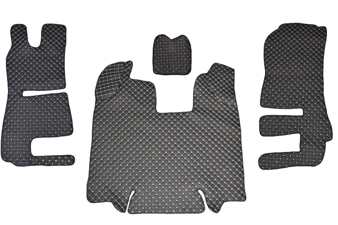 Tapis de sol en cuir synthétique (éco-cuir) noir – adapté pour Scania R 2013–2016, surpiqûres blanches