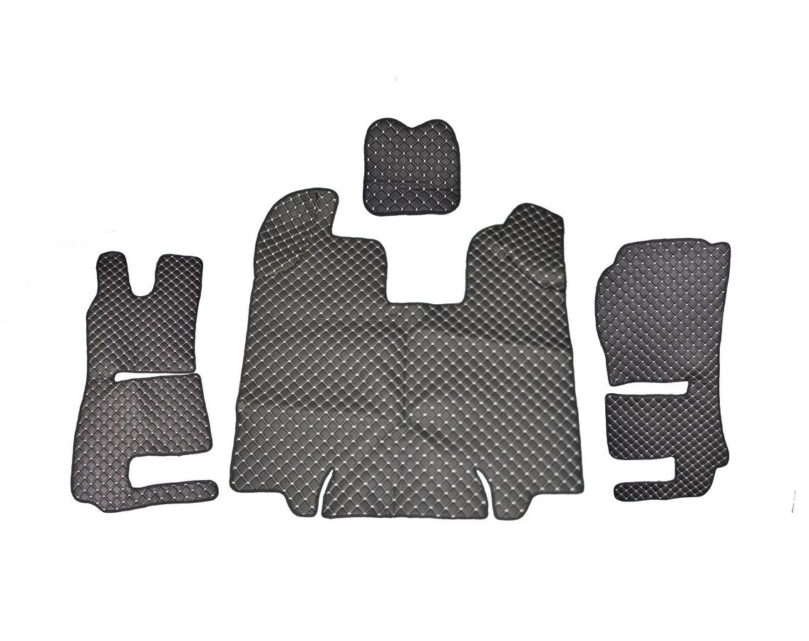 Tapis de sol en cuir synthétique noir – adapté pour Scania R 2013–2016, surpiqûres blanches, sièges à suspension pneumatique