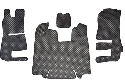 Tapis de sol en cuir synthétique (éco-cuir) noir – adapté pour Scania R 2013–2016, surpiqûres blanches
