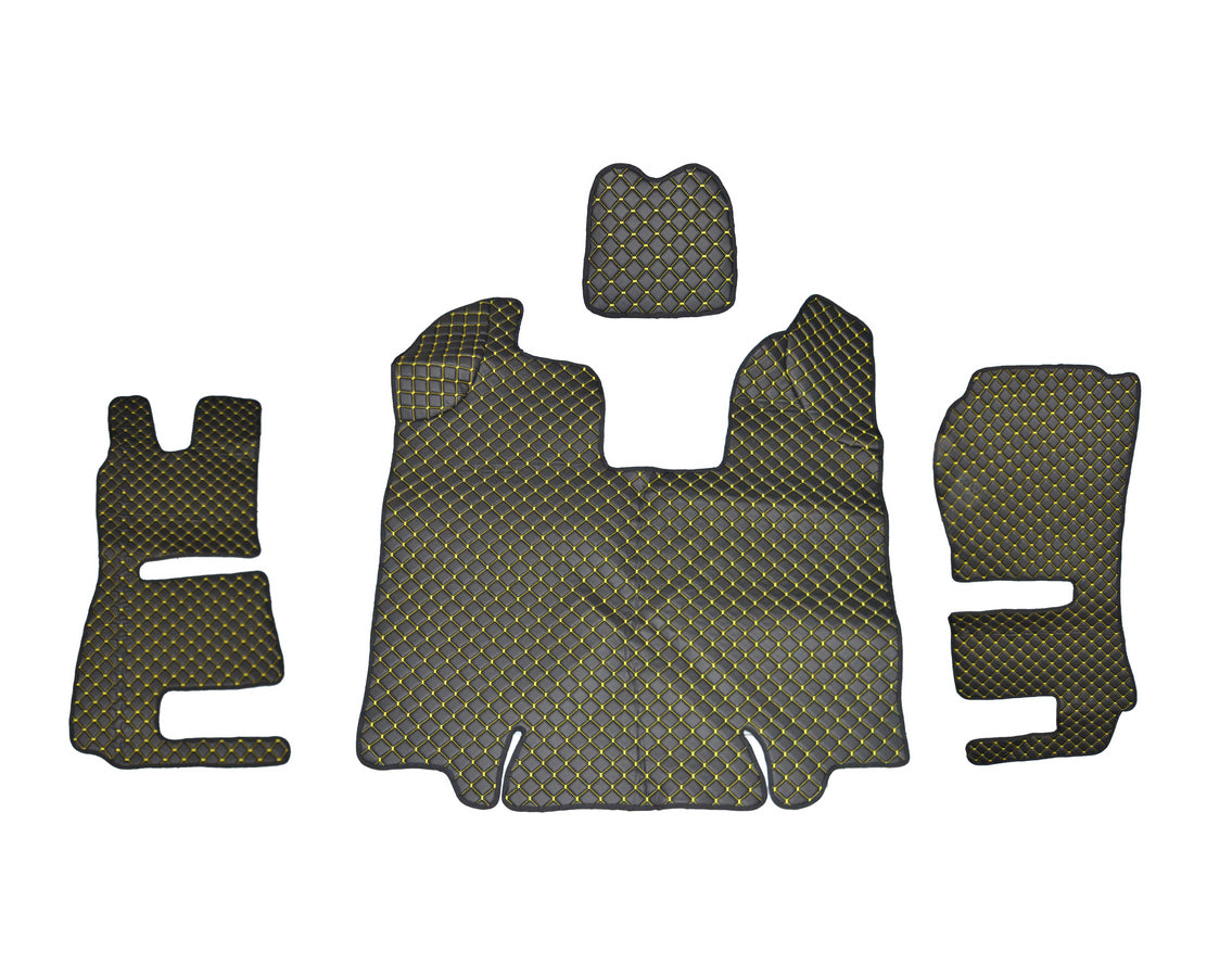 Подови стелки от черна изкуствена кожа (еко кожа) – жълт шев, подходящи за Scania R 2013–2016, седалки с въздушно окачване