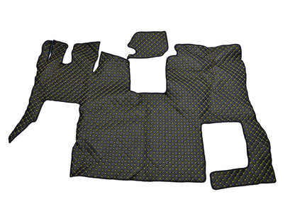 Tapis de sol en cuir synthétique (éco-cuir) noir – surpiqûres jaunes, adapté pour Scania S 2020+ avec siège passager rabattable