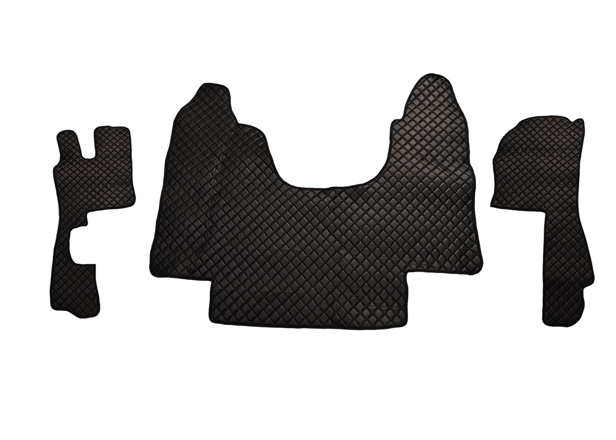 Tapis de sol en cuir synthétique (éco-cuir) noir – adapté pour Scania G420 2010–2013, surpiqûres noires