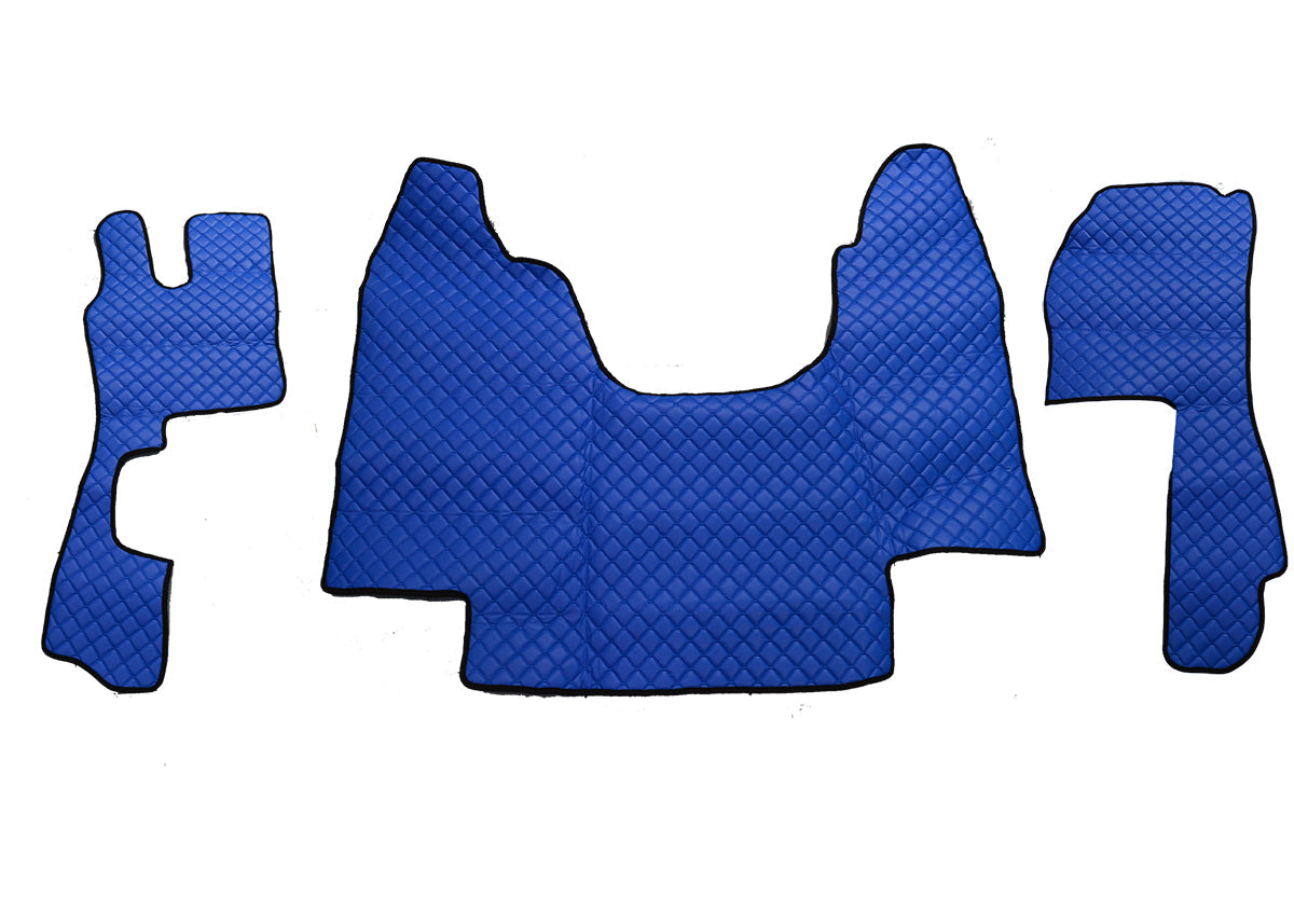 Tapis de sol en cuir synthétique (éco-cuir) bleu – adapté pour Scania G420 2010–2013, surpiqûres bleues