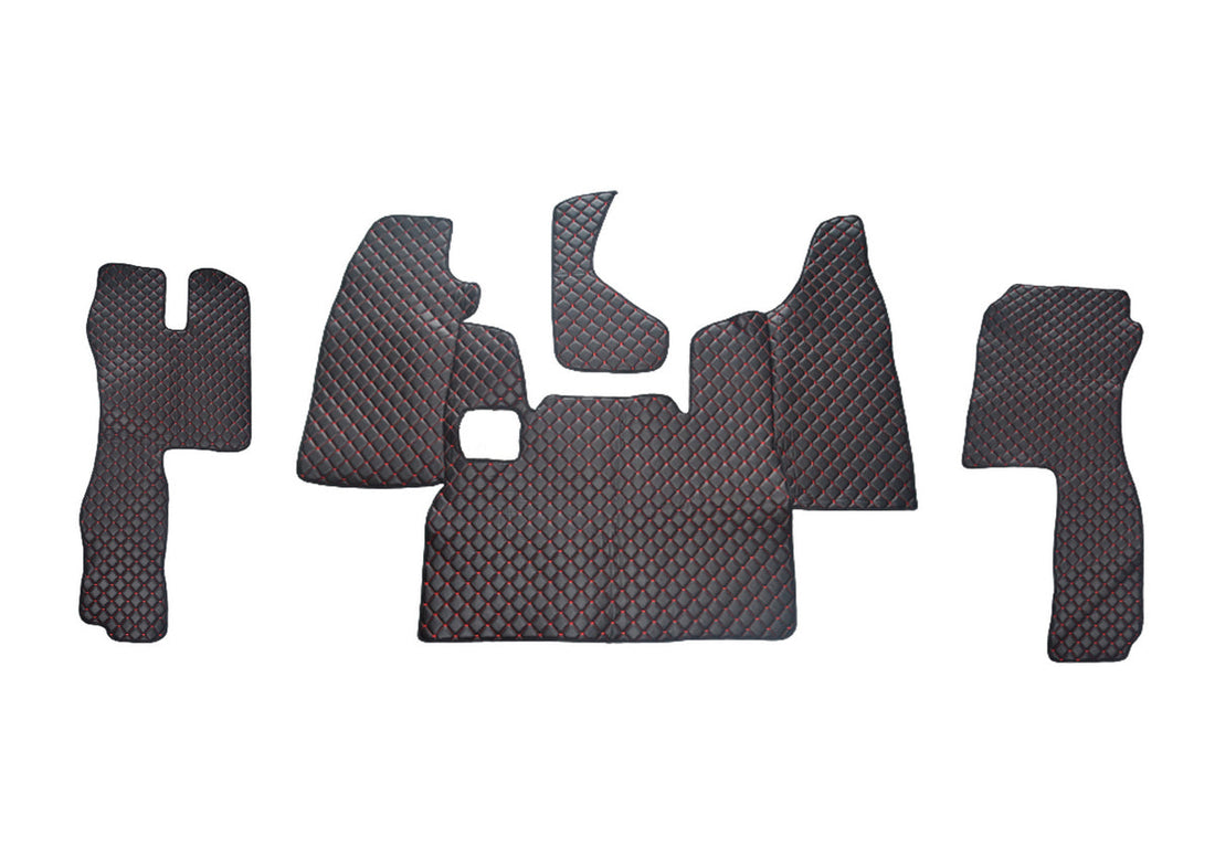 Tapis de sol en cuir synthétique (éco-cuir) noir – adapté pour Scania L, surpiqûres rouges