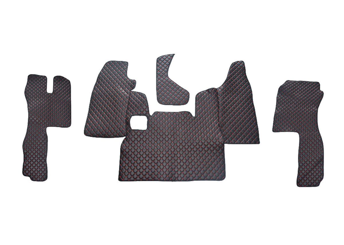 Tapis de sol en cuir synthétique (éco-cuir) noir – adapté pour Scania L, surpiqûres rouges