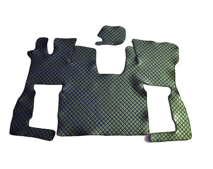 Μαύρα πατάκια δαπέδου από τεχνητό δέρμα (eco leather) – κατάλληλο για Scania S 2016+, με μπλε ραφές