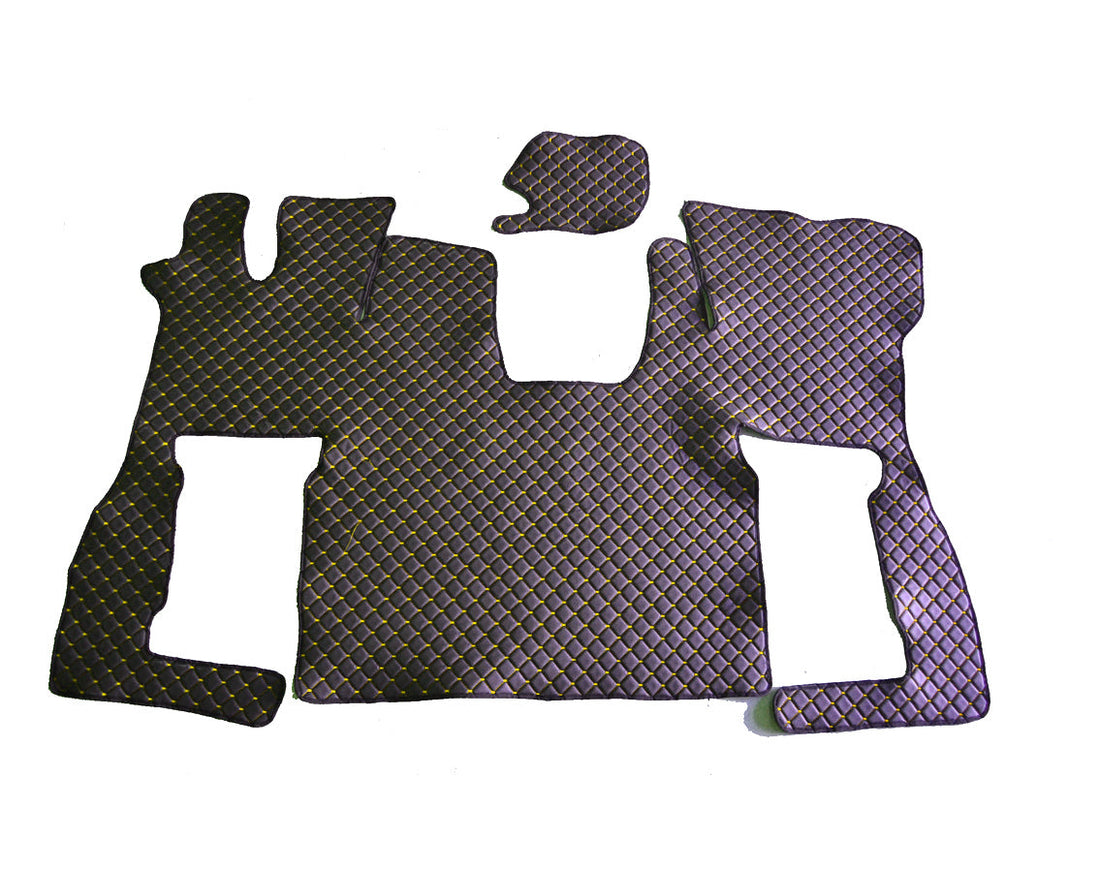 Tapis de sol en cuir synthétique (éco-cuir) noir – adaptés pour Scania S 2016+, surpiqûres jaunes