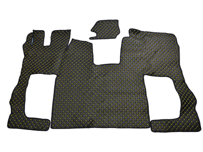 Tapis de sol en cuir synthétique (éco-cuir) noir – adapté pour Scania S 2020+, surpiqûres jaunes