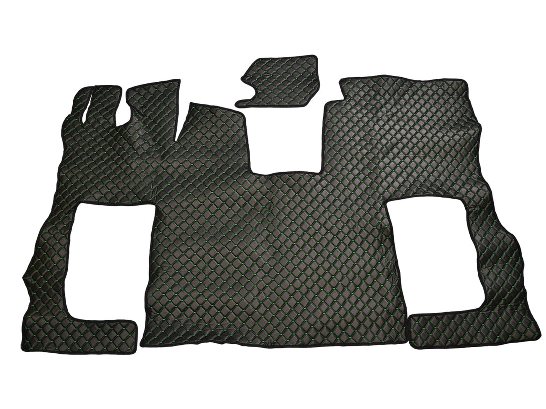 Tapis de sol en cuir synthétique (éco-cuir) noir – adapté pour Scania S 2020+, coutures vertes