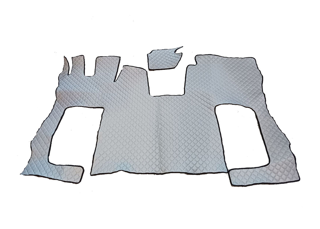 Γκρι πατάκια δαπέδου από τεχνητό δέρμα (eco leather) – κατάλληλο για Scania S 2020+, μαύρο δέρμα, κίτρινη ραφή