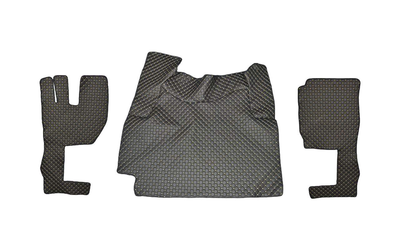 Tapis de sol en cuir synthétique (éco-cuir) noir – adapté pour Volvo FH 2009–2013, surpiqûres jaunes