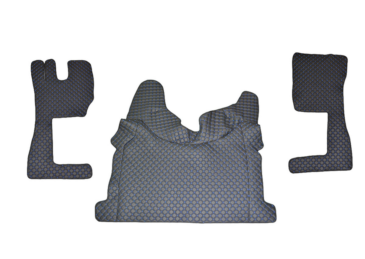Tapis de sol en cuir synthétique noir – adaptés pour Volvo FH 2013+, surpiqûres bleues