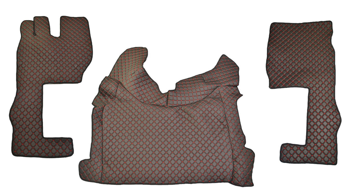 Tapis de sol en cuir synthétique (éco-cuir) noir – adapté pour Volvo FH4 modèle Long, surpiqûres rouges, 2021+