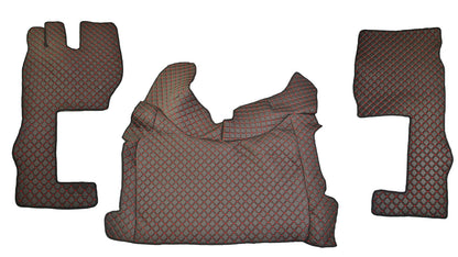 Tapis de sol en cuir synthétique (éco-cuir) noir – adapté pour Volvo FH4 Long Model, surpiqûres rouges, 2021+