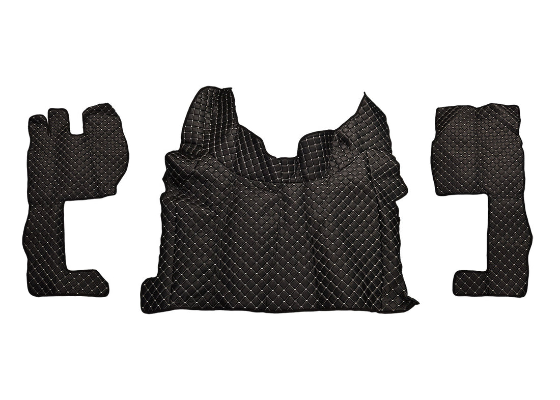 Tapis de sol en cuir synthétique (éco-cuir) noir – adapté pour Volvo FH4 2021+, version longue, surpiqûres blanches
