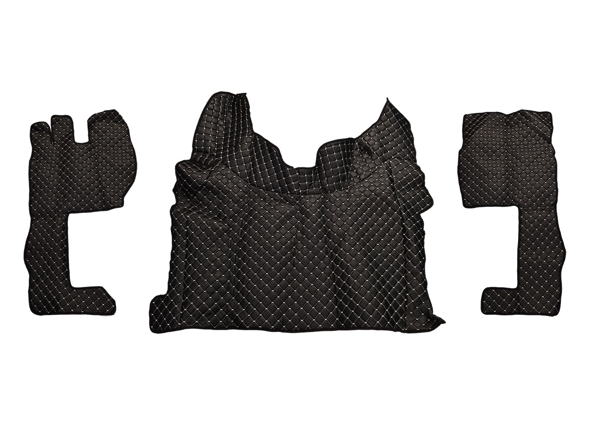 Черни подови стелки от изкуствена кожа – подходящи за Volvo FH4 2021+, дълга кабина, с бял шев