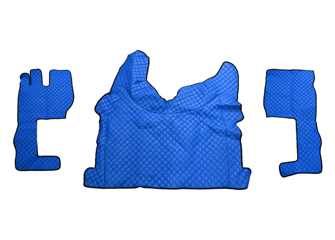 Tapis de sol bleu en cuir synthétique (éco-cuir) – adapté pour Volvo FH4 cabine longue 2021+, antidérapants, liseré bleu