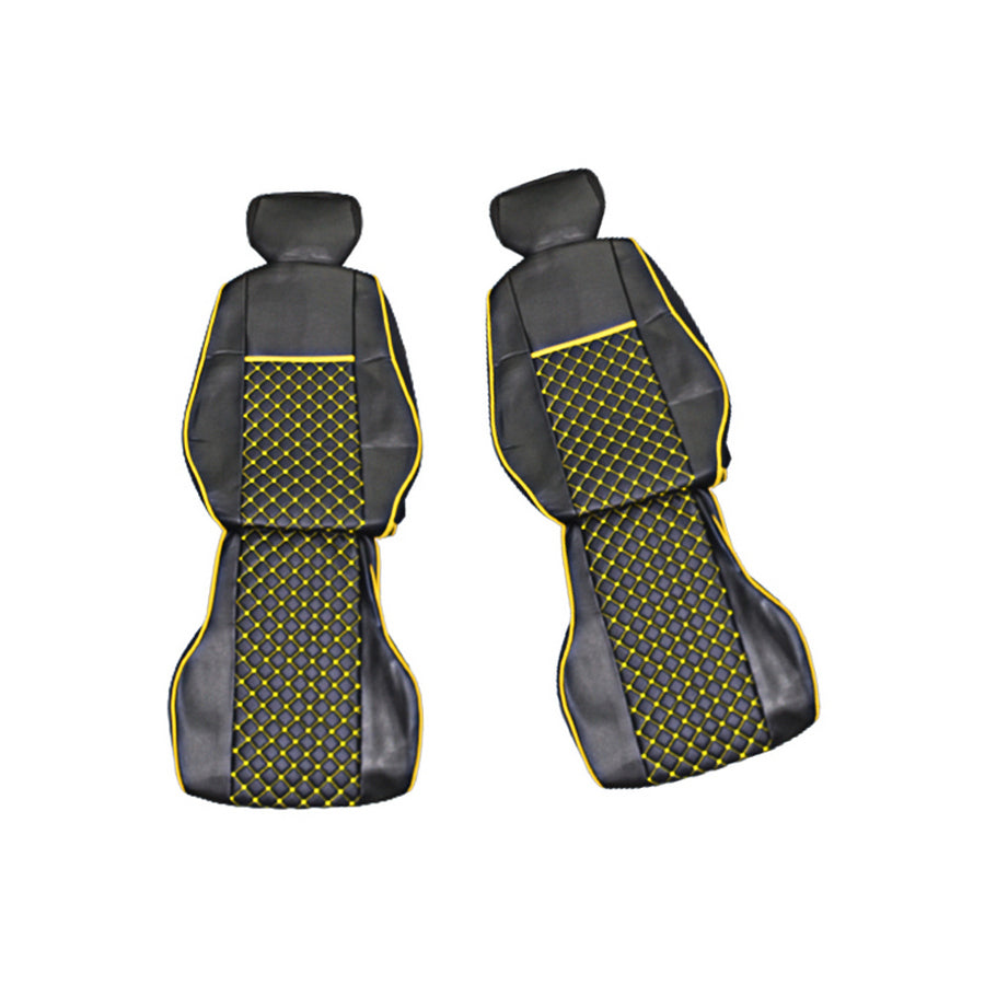 Housses de siège en cuir synthétique (éco-cuir) adaptées pour Mercedes Actros 2000–2004, noir avec surpiqûres jaunes