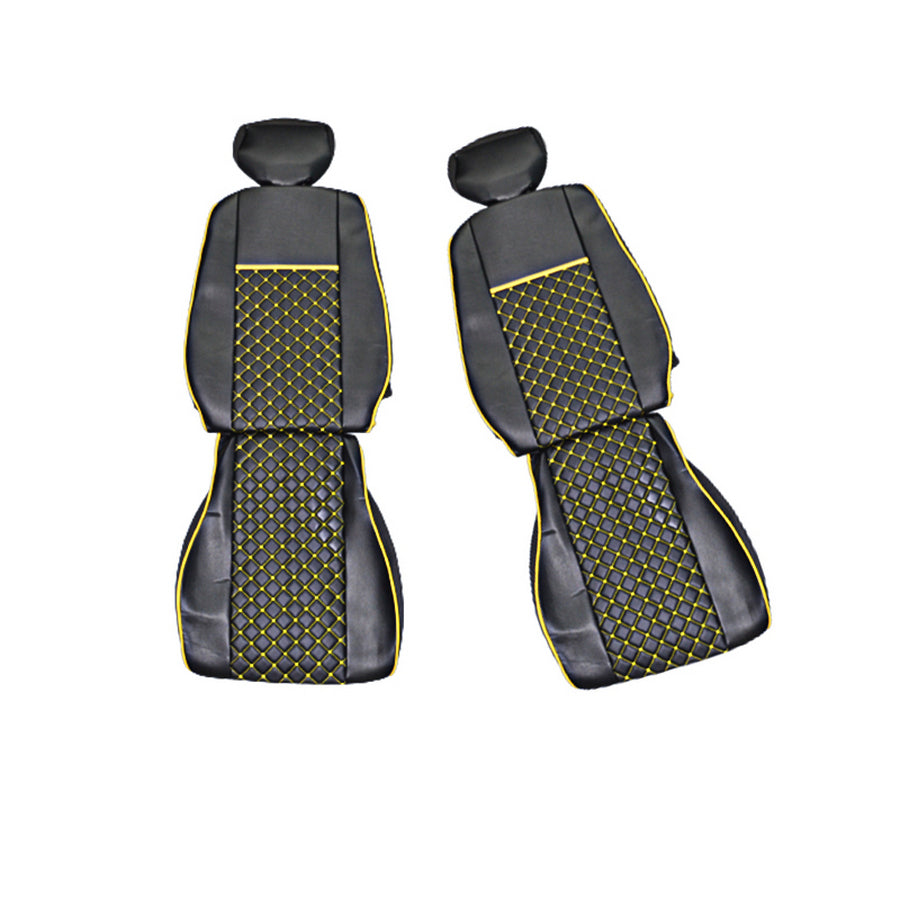 Housses de siège adaptées pour Volvo FH Euro 4 2000–2004, cuir synthétique (éco-cuir) noir avec surpiqûres jaunes