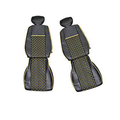 Housses de siège adaptées pour Volvo FH Euro 4 2000–2004, cuir synthétique (éco-cuir) noir avec surpiqûres jaunes