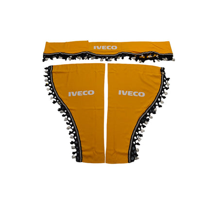 Комплект завеси за камион, подходящ за Iveco – жълт, 3-частен, с черни пискюли