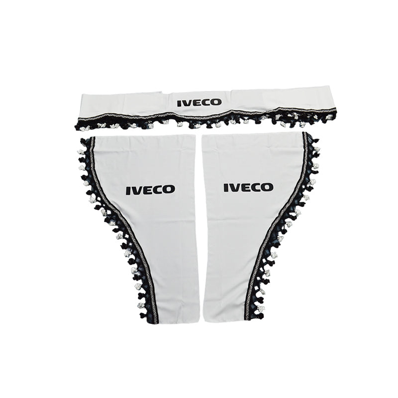 Jeu de rideaux pour camion adapté pour Iveco – 3 pièces, blanc avec pompons noirs