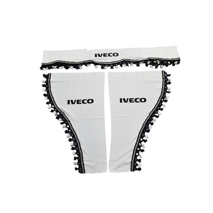 Jeu de rideaux pour camion adapté pour Iveco – 3 pièces, blanc avec pompons noirs