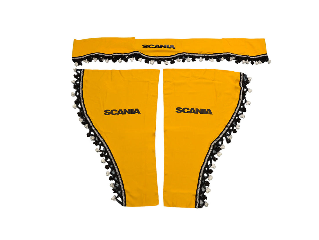 Jeu de rideaux pour camion – 3 pièces, jaune avec glands noirs adapté pour Scania