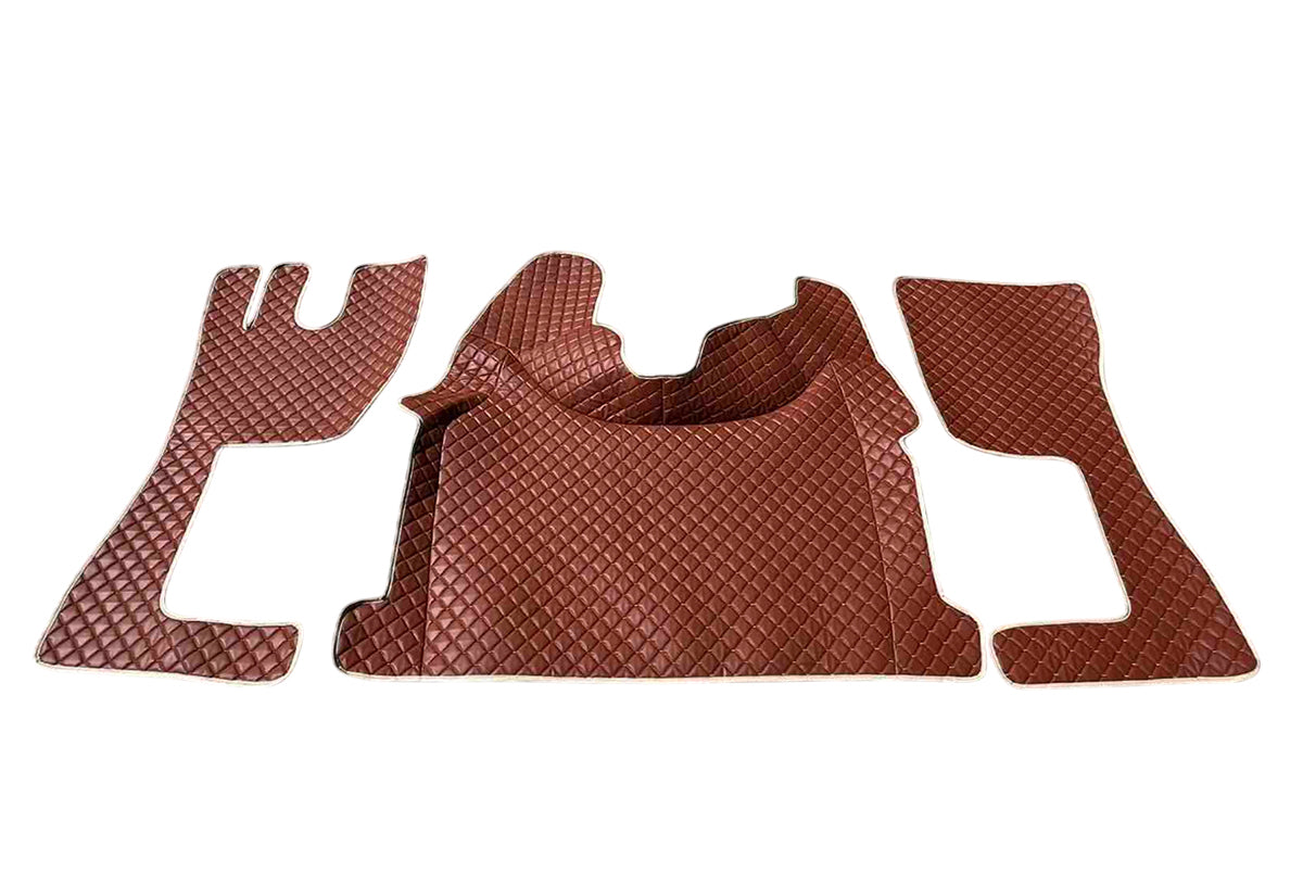 Tapis de sol marron en cuir synthétique (éco-cuir) – adapté pour Volvo FH 2013+, bordure beige, antidérapants