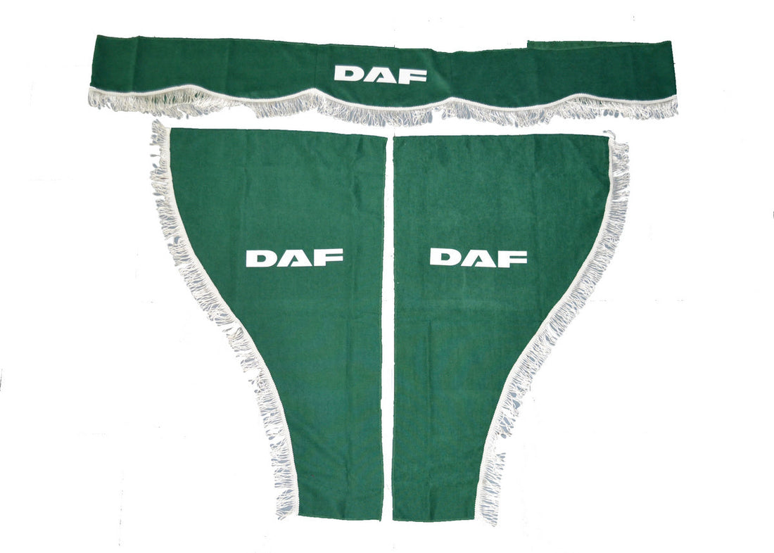 Rideaux pour camion – Jeu intérieur 3 pièces, vert avec frange blanche, adapté pour DAF