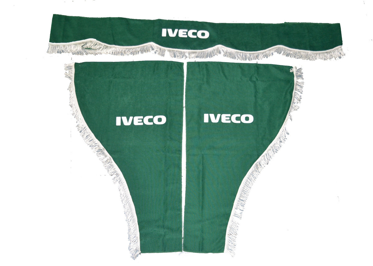 Jeu de rideaux pour camion adapté pour Iveco – 3 pièces vert avec pompons blancs