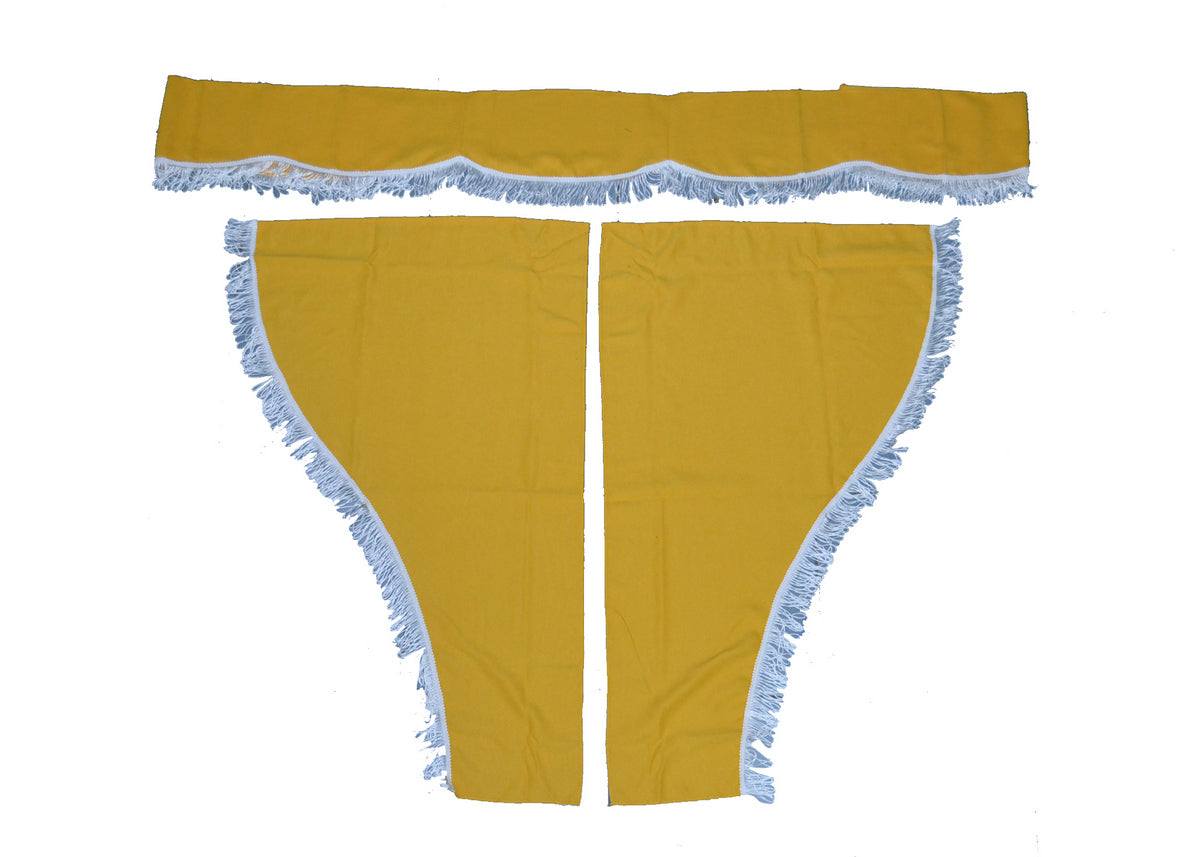 Jeu de rideaux de camion 3 pièces, jaune avec pompons blancs pour cabine de véhicule