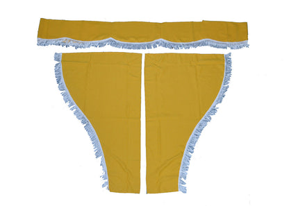 Jeu de rideaux de camion 3 pièces, jaune avec pompons blancs pour cabine de véhicule
