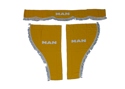 Jeu de rideaux pour camion adapté pour MAN – 3 pièces, jaune avec pompons blancs