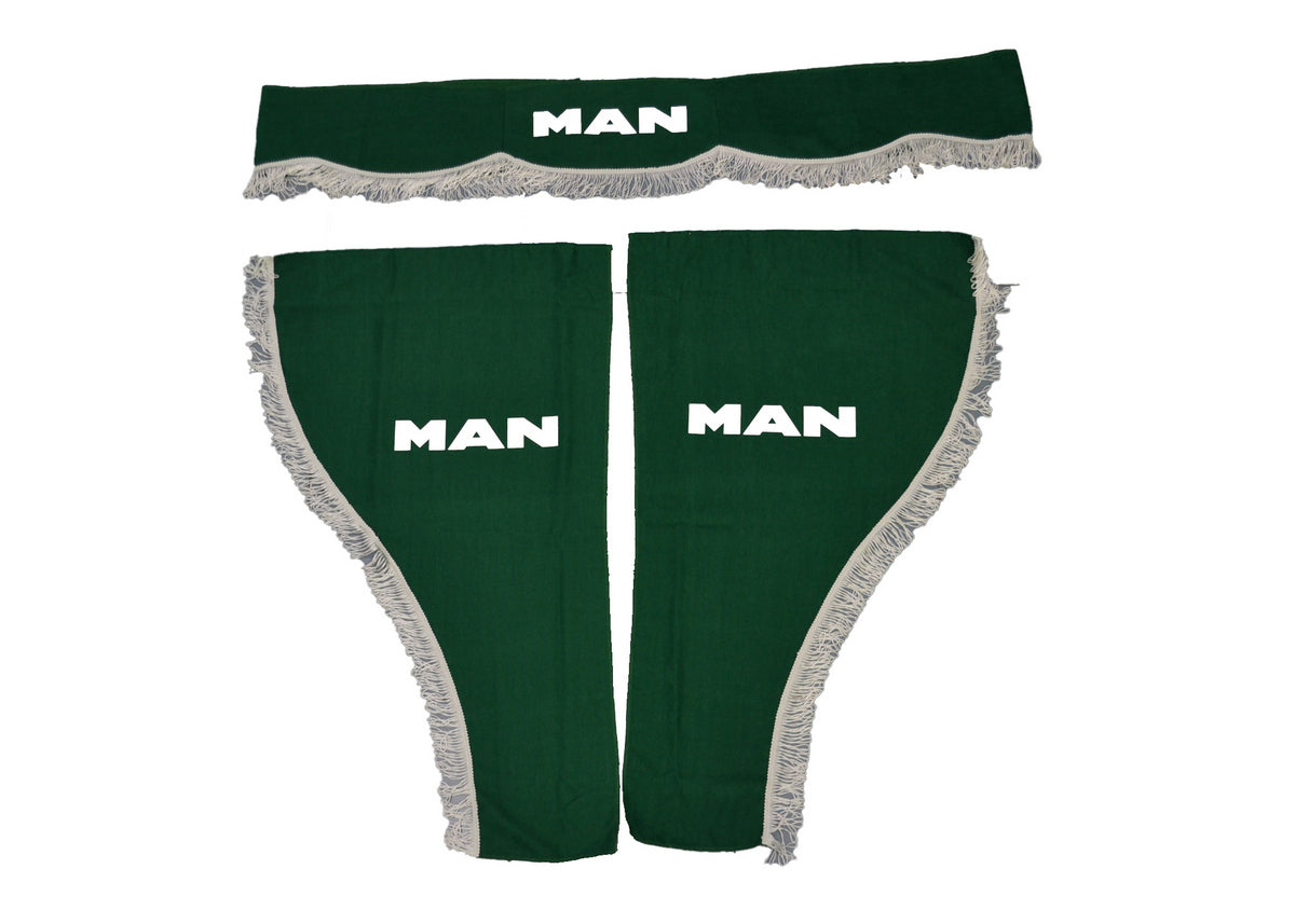 Rideaux pour camion – Jeu de 3 pièces adapté pour Scania, vert avec frange blanche