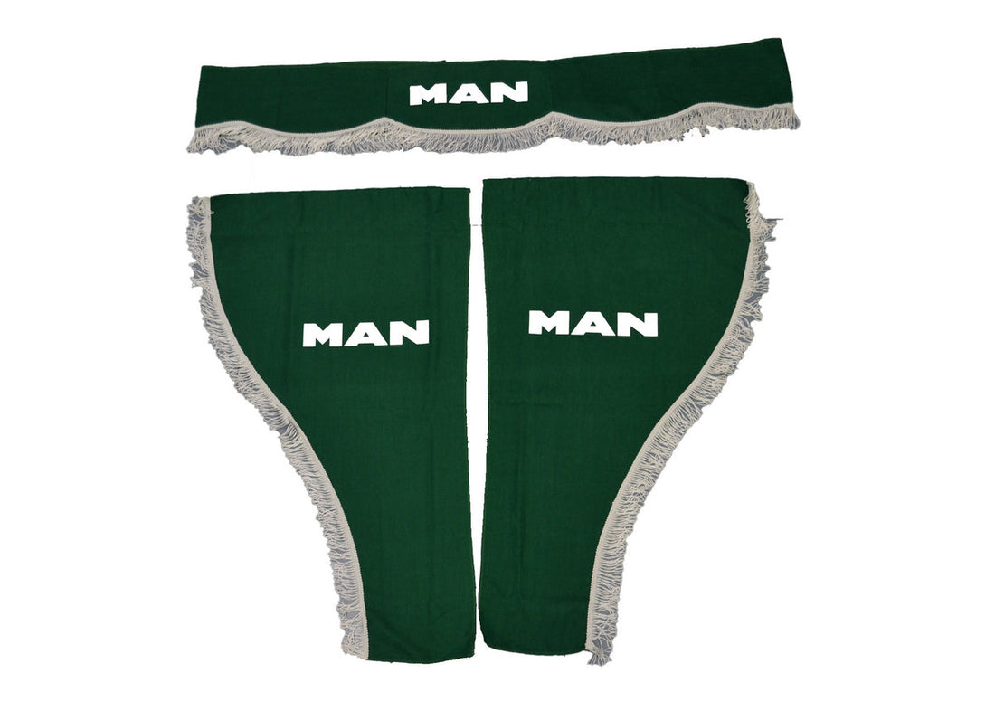 Rideaux pour camion – Jeu de 3 pièces adapté pour Scania, vert avec frange blanche