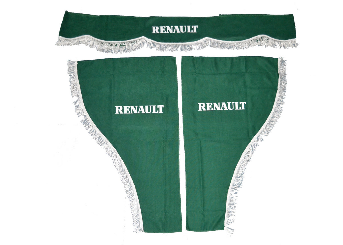 Rideaux pour camion adaptés pour Renault – Jeu de 3 pièces, vert avec franges blanches
