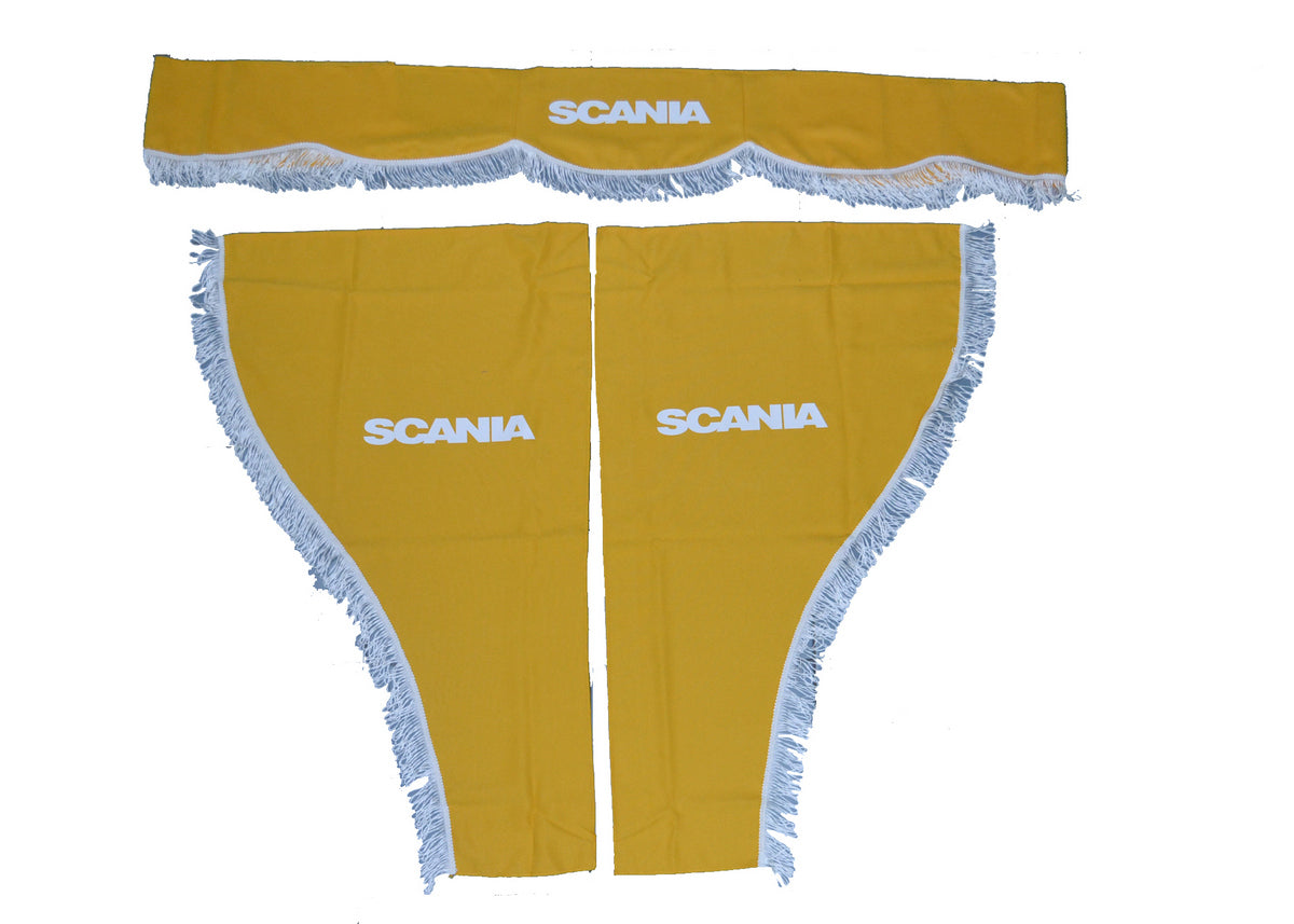 Jeu de rideaux pour camion adapté pour Scania – 3 pièces, jaune avec frange blanche
