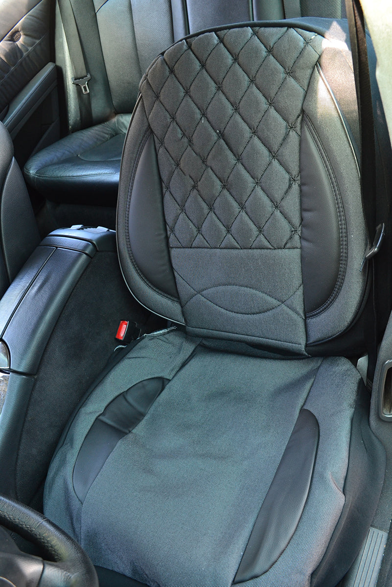 Universal Car Seat Cover Set, 2 Pieces, Black Jacquard Fabric and Leather