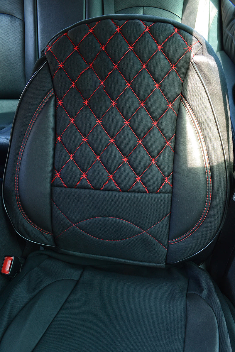 Universal Car Seat Cover Set, 2-Piece Front, Black Jacquard and Leather with Red Stitching