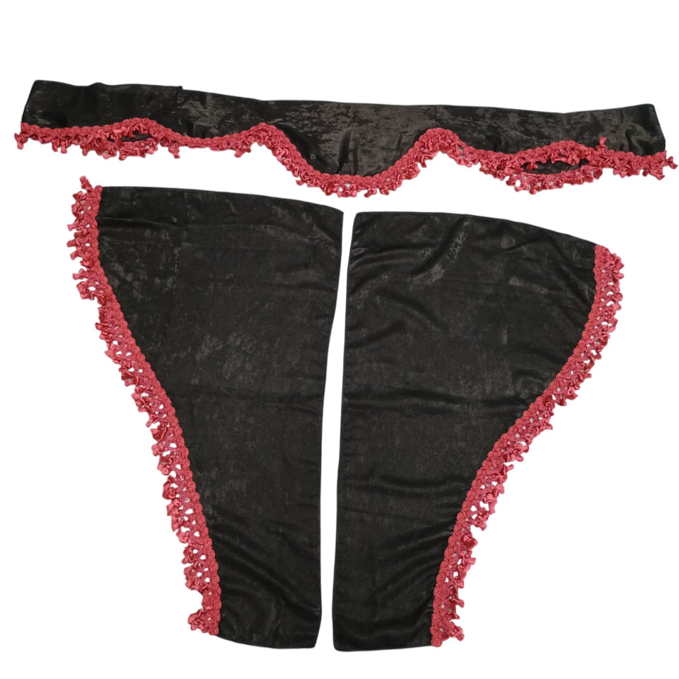 Jeu de rideaux de camion, 3 pièces rideaux de cabine noirs avec franges bordeaux