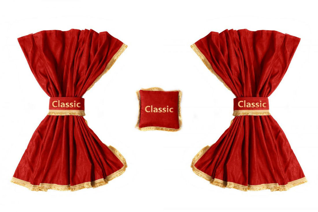 Red Universal Front Windshield Curtains, 2.4 x 1.2 m, 2-Piece Set with Decorative Cushion