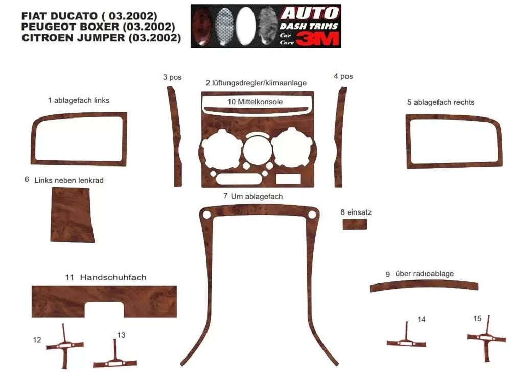 Mahogany Silicone Dashboard Trim Sticker Set – suitable for Fiat Ducato, suitable for Citroen Jumper, suitable for Peugeot Boxer 2002–2006, 12 Pieces