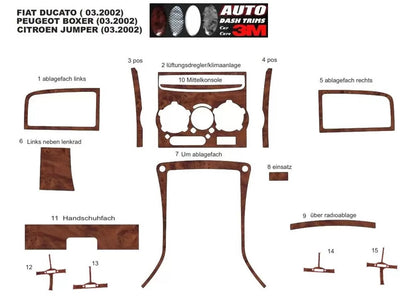 Mahogany Silicone Dashboard Trim Sticker Set – suitable for Fiat Ducato, suitable for Citroen Jumper, suitable for Peugeot Boxer 2002–2006, 12 Pieces