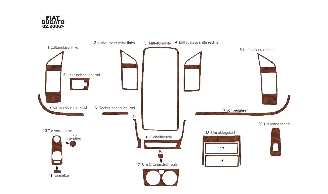 Mahogany Silicone Dashboard Trim Sticker Kit – suitable for Fiat Ducato, suitable for Citroen Jumper, suitable for Peugeot Boxer 2006–2014, 22 Pieces
