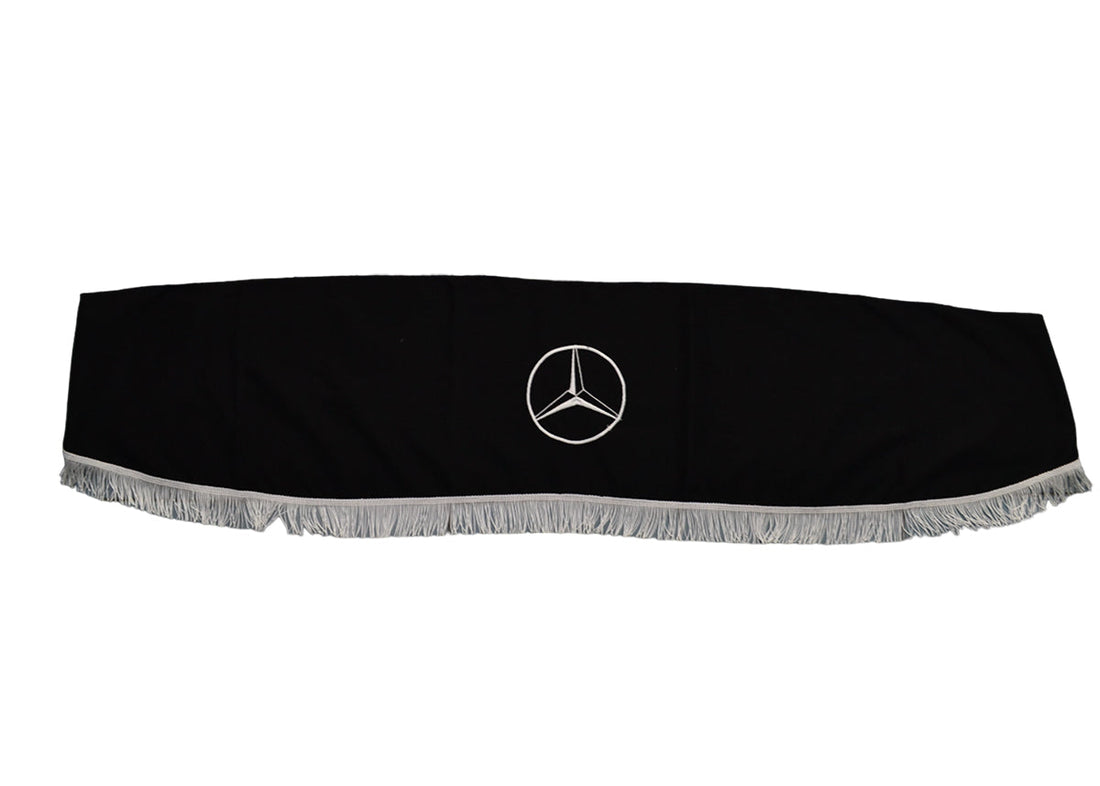 Μπροστινή κουρτίνα παρμπρίζ φορτηγού – κατάλληλο για Mercedes, μονό κομμάτι, μαύρη με λευκά κρόσσια
