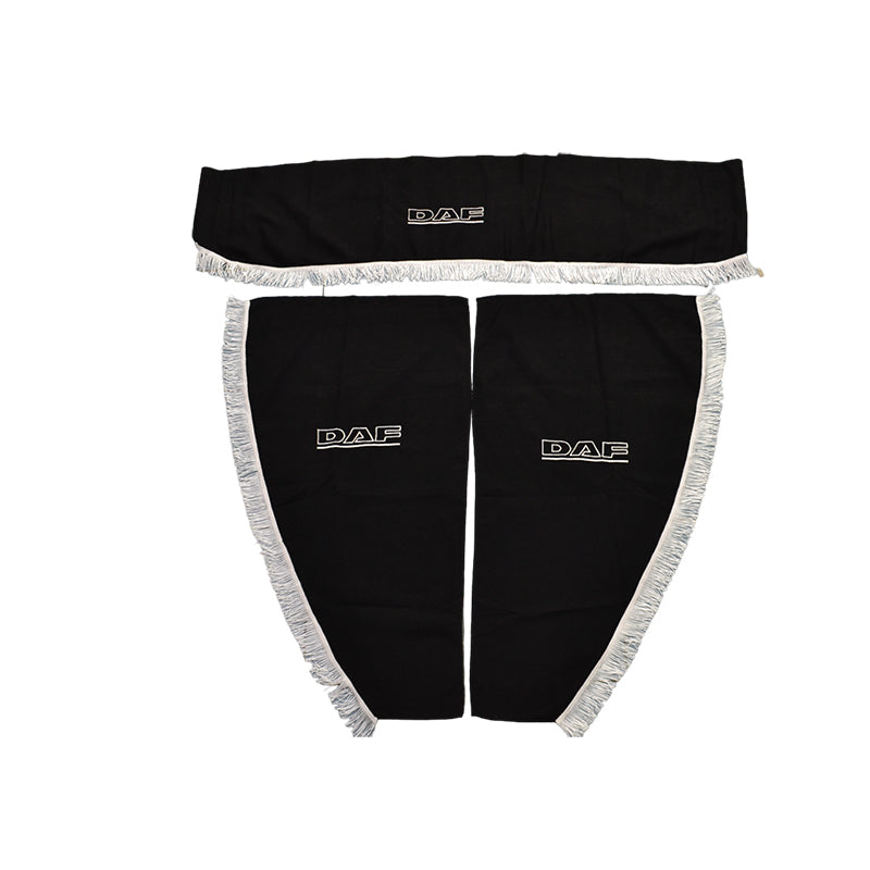 Jeu de rideaux pour camion adapté pour DAF – 3 pièces, noir avec franges blanches, logo