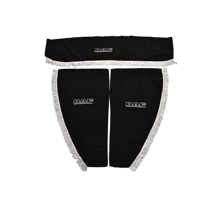 Jeu de rideaux pour camion adapté pour DAF – 3 pièces, noir avec franges blanches, logo