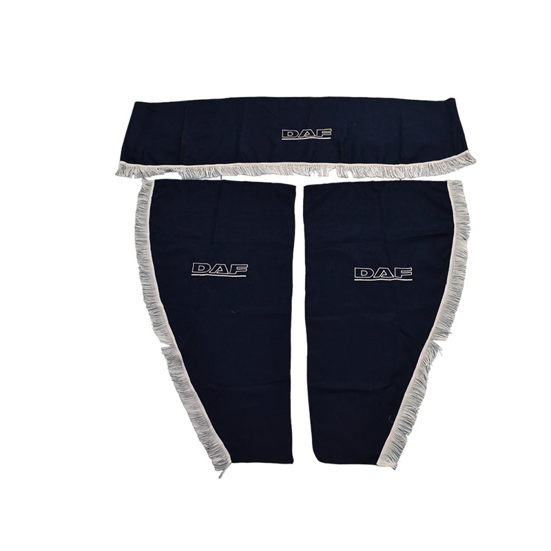 Jeu de rideaux de cabine pour camion – adapté pour DAF, 3 pièces, bleu avec franges blanches, avec emblème